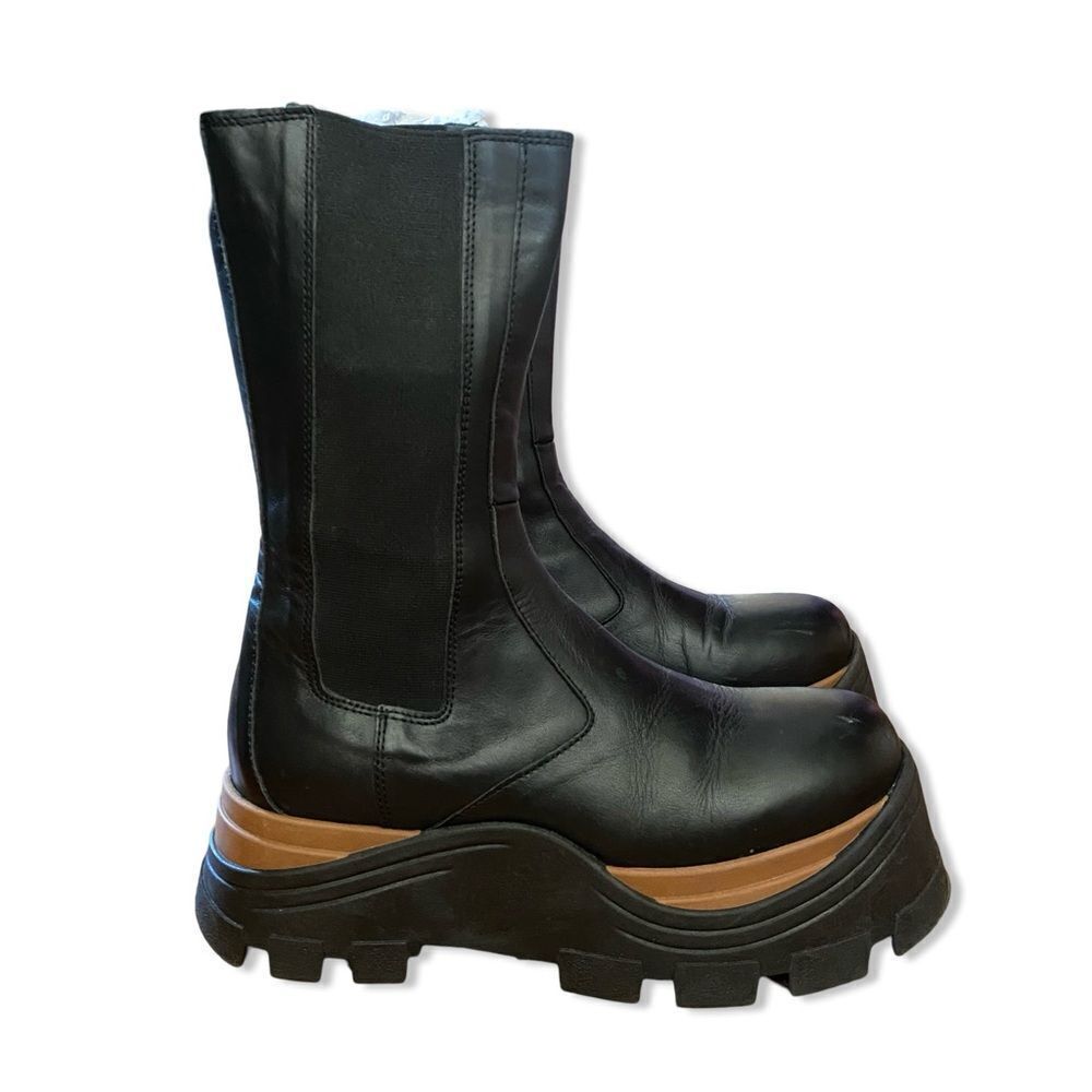 ALOHAS Black Leather Moto Boots with Brown Sole